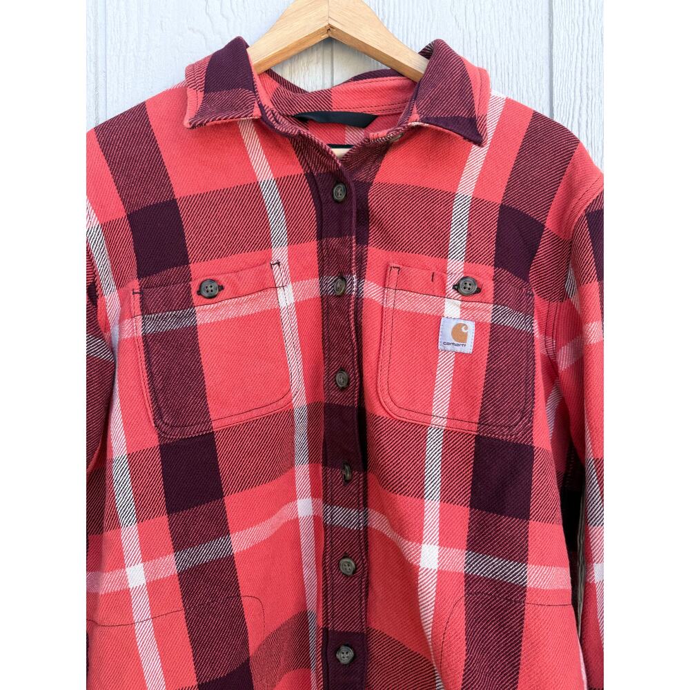 CARHARTT orange plaid heavyweight Rugged Flex 100% cotton flannel shirt jacket - Picture 5 of 8